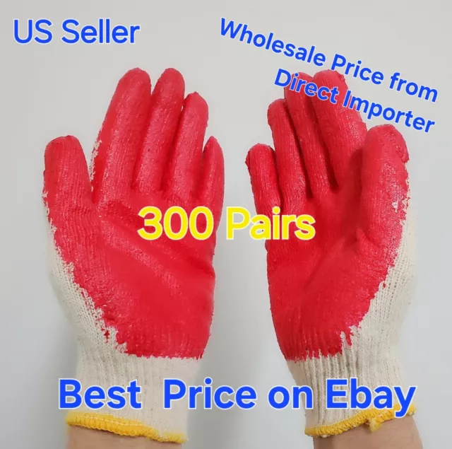 WHOLESALE 300 Pairs Non-Slip Red Latex Rubber Palm Coated Work Safety Gloves