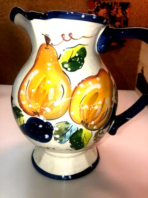 Faience Pitcher Jug Fruit Grove Apples Pears Flowers Snow Excellent Condition