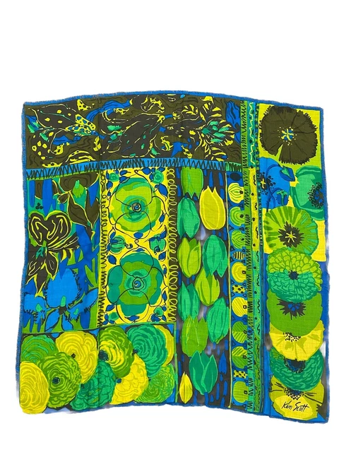Foulard Vintage KEN SCOTT En Soie 100% - Dimensions 86x86 Cm - Couleur Marron - Occasion En Très Bon état