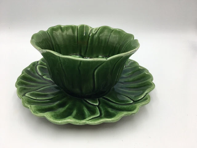 Cemar California Pottery Majolica Cabbage Sauce Gravy Boat w/ Underplate Green
