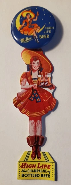 Antique Miller High Life Beer Advertising Pinback Rare Celluloid Pin Button Nos