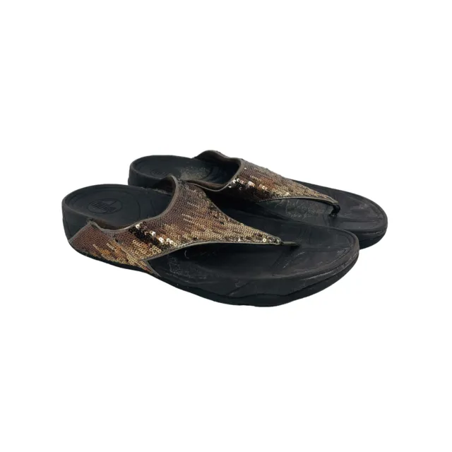 FitFlop T Strap Sandals Brown Sequence Slip On Wedge Flip Flops Women’s Size 10