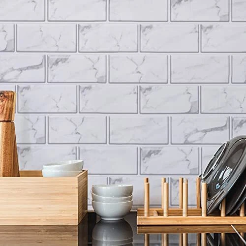 MARBLE PAPER SUBWAY Tile Peel and Stick Backsplash Granite Gray/White