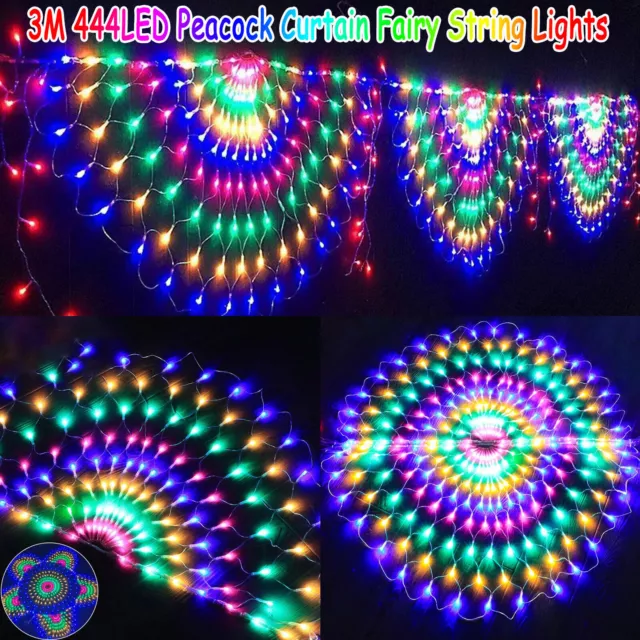 3M 444LED Peacock Waterfall Net Mesh Curtain Fairy String Lights Xmas Party Lamp