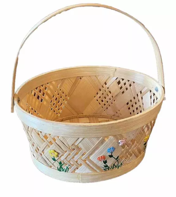 Vintage Woven Wicker/Wooden/Oval Easter Basket W Relief Flowers Ladybug/Handle