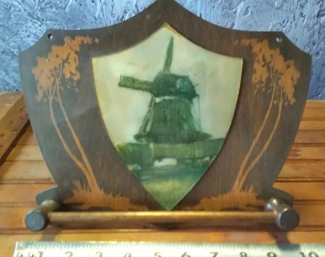 Art Nouveau wood Plaque Wall Hanging Trees Windmill Holland scene tie necklace
