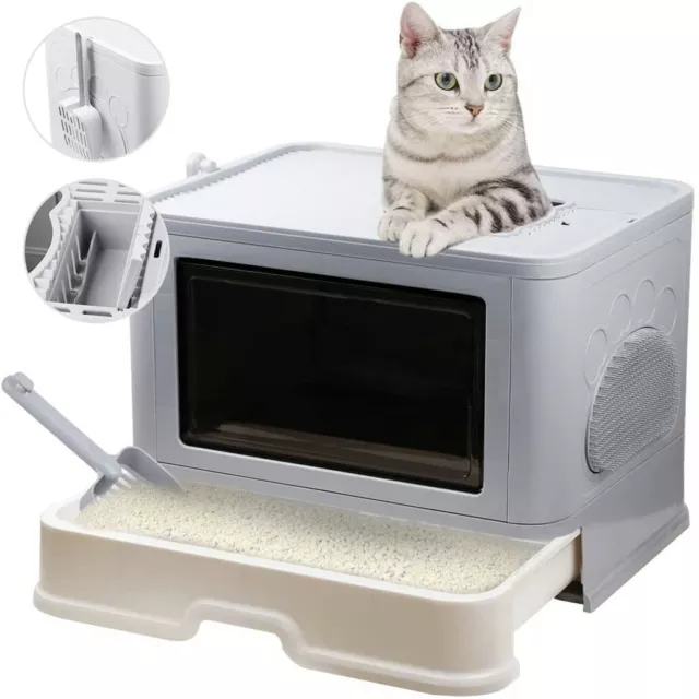 XL Sturdy Fully Enclosed Hooded Cat Litter Box Foldable Kitty Toilet Tray Refill