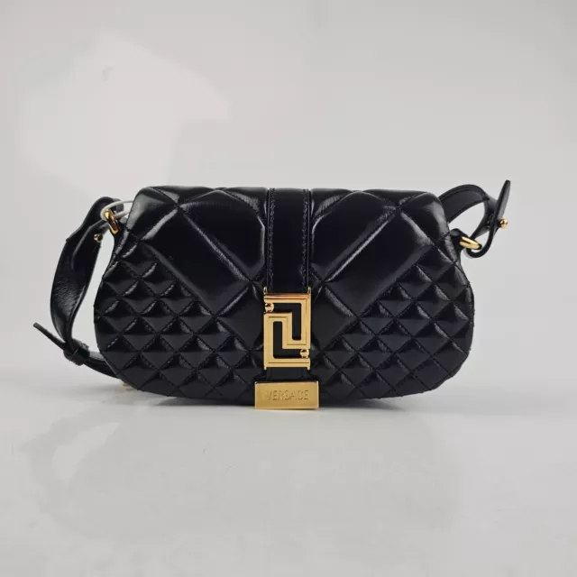 Versace Greca Goddess Mini Black Leather Shoulder Bag New