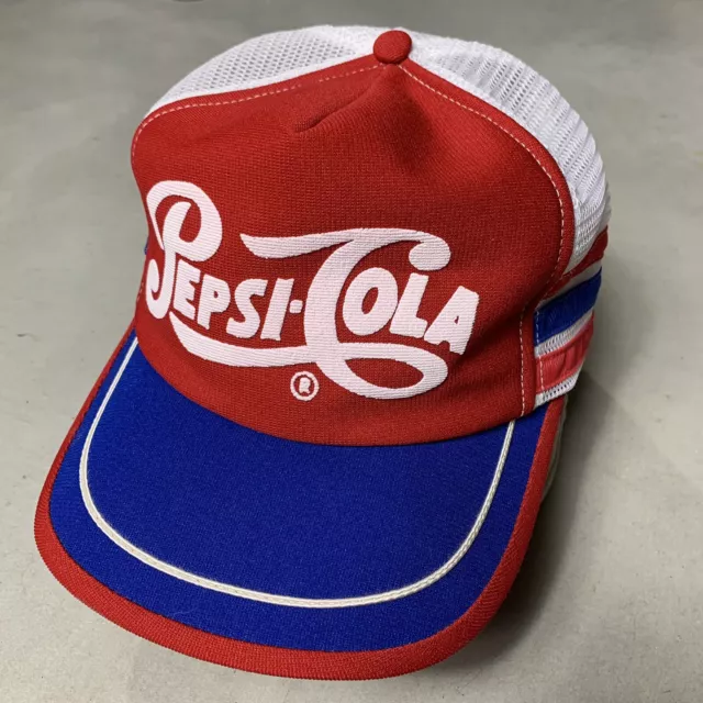 Vtg 80s PEPSI-COLA 3 Stripe Red White Blue Snapback Trucker Hat Cap