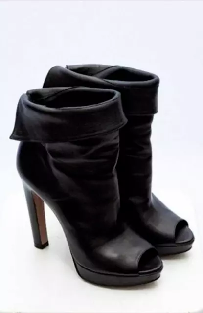 PRADA Black Leather Peep Toe Ankle Boots Heels Size 39 or 8 Excellent Cond