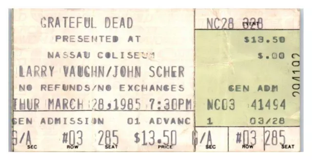 Grateful Dead Concierto Ticket Stub Marzo 28 1985 Uniondale New York