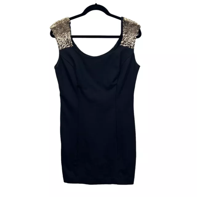 Guess Mini Bodycon Dress Women's Gold Sequin Shoulders Square Neck Black Sz L