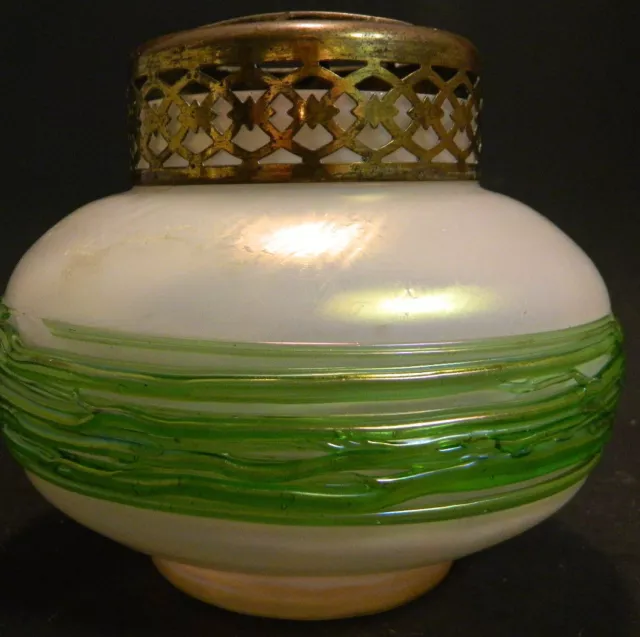 Vintage Hand Blown Art Deco Kralik Art Glass Posey Vase Bowl Brass Top Vert Good