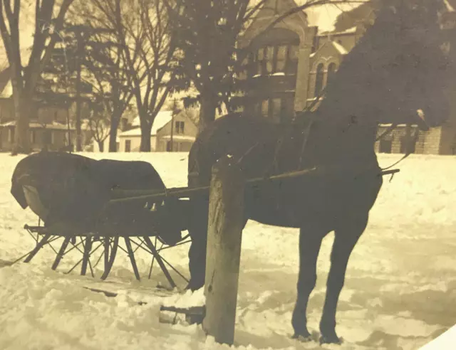 Antique Vtg RPPC Photo Horse Drawn Sleigh Blanket Winter Snow Town City #28