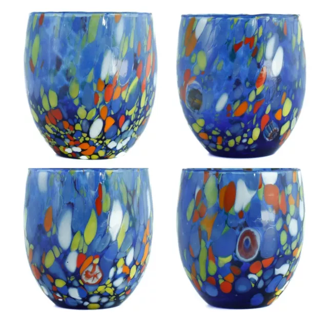 Murano Cristal Bebible Vasos Conjunto De Cuatro 4 Azul Naranja Rojo Millefiori