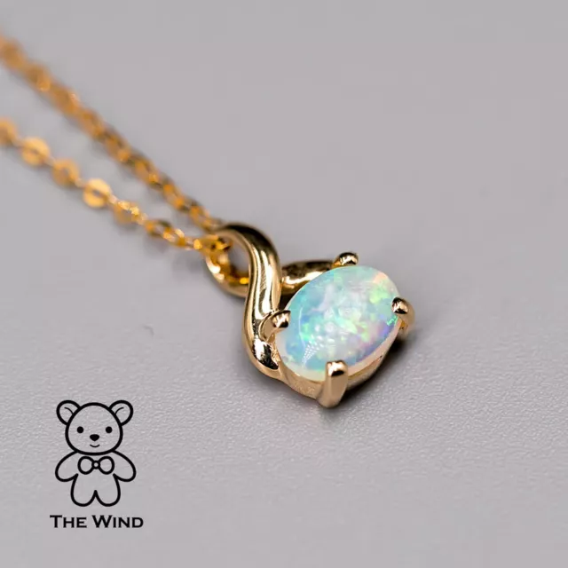 Simple Oval Shaped Australian Solid Opal Pendant Necklace 14k Yellow Gold