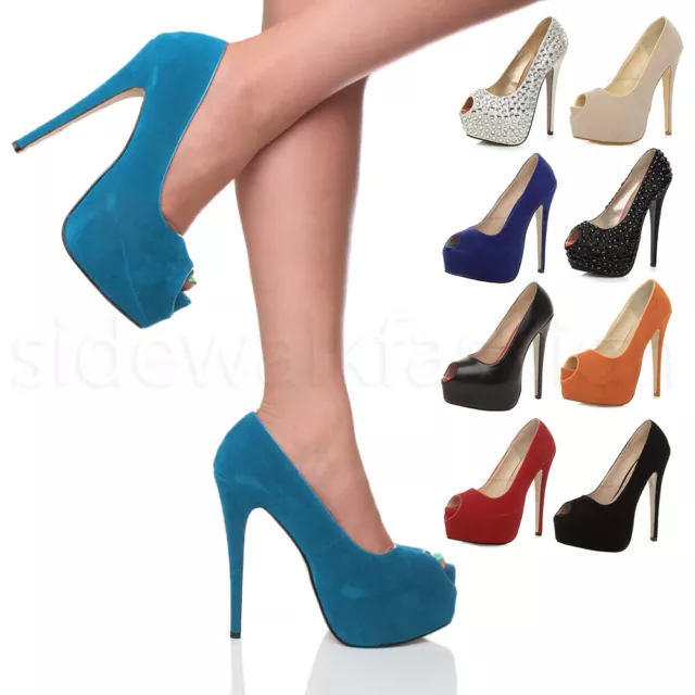WOMENS LADIES HIGH heel platform stiletto party pumps peep toe court ...
