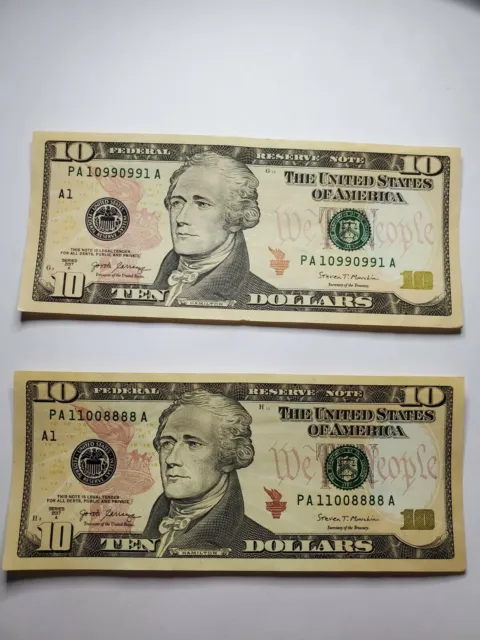 FANCY TRINARY serial 2017A US TEN ($10) DOLLAR note lot. Paper currency