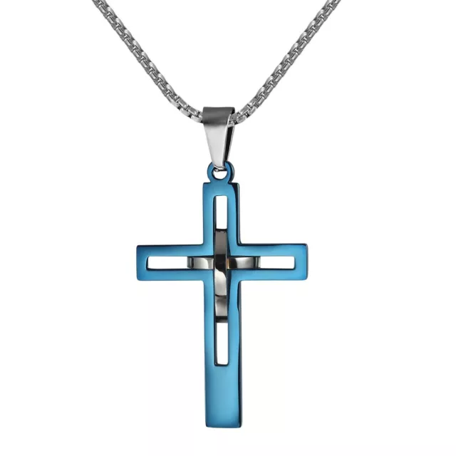 Silver and Blue Stainless Steel Modern Cross Pendant Necklace