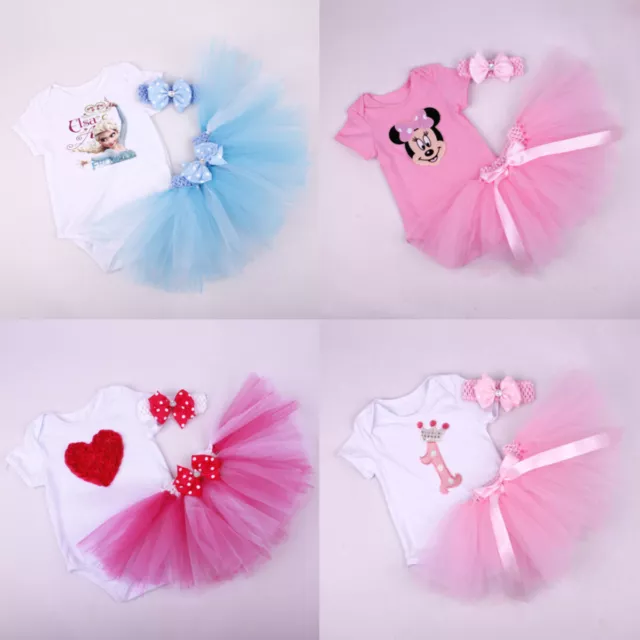 Baby Birthday Bodysuit Tutu 3PC Girl Elsa Romper Fancy Dress Headband Outfit