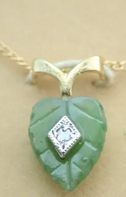 Vintage Gold Filled Jade Carved Leaf Diamond Pendant Necklace NOS New Old Stock