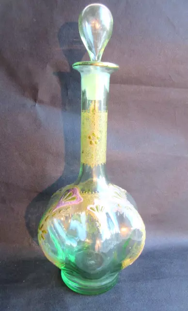 A VOIR Carafe Legras à liqueur, verre vert à 6 renflements émaillés sérigraphiés