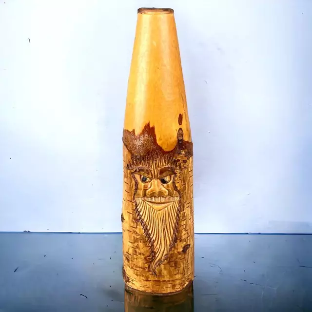 Birch Tree Turned and Carved Vase Forest Spirit 10"