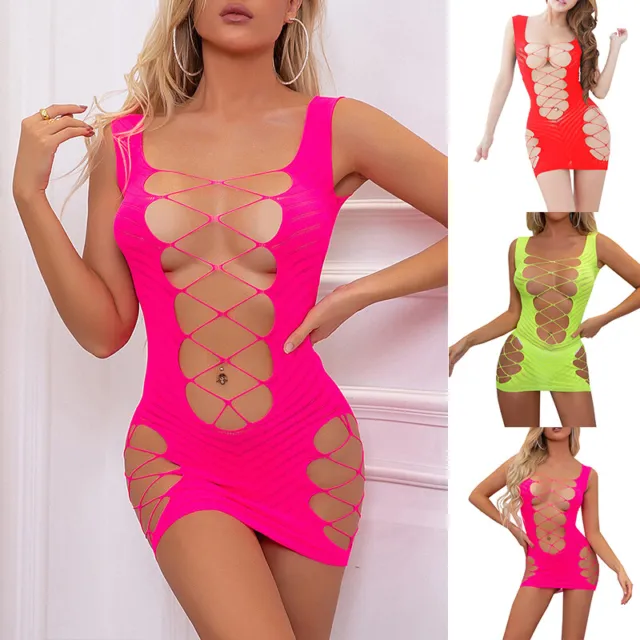 Women Sexy Fishnet Lingerie Babydoll Hollow Out Bodycon Mini Dress Clubwear