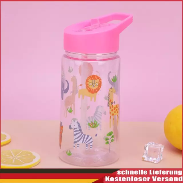 450ML Kinder Niedliche Trinkflasche mit Strohhalm Sommer Sportflasche (Pink Zoo)