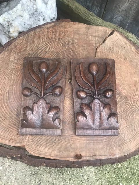 Antique 17th Century CARVED WOOD ACORN CORBELS plaque architectural furniture