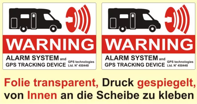 2 x ALARM GESICHERT Aufkleber transparent Wohnmobil Warnschild GPS Alarmanlage