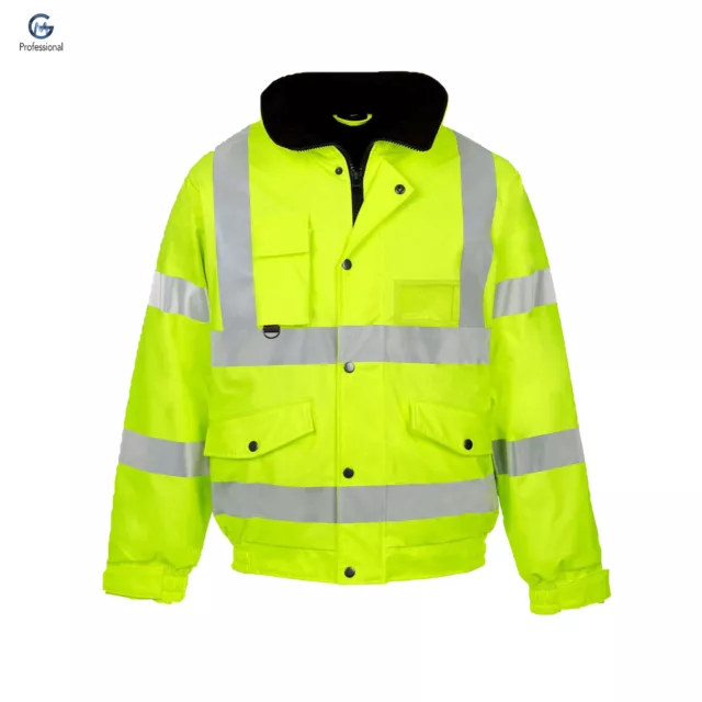 Hi Vis High Viz Visibility Hooded  Bomber Jacket Waterproof Safety Work Coat