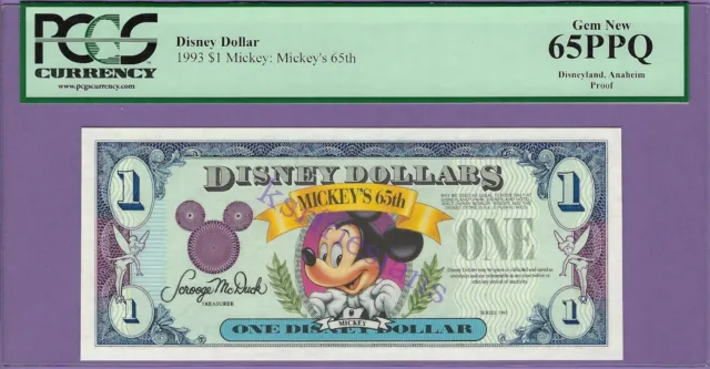 1993 $1 Mickey's 65th DISNEY DOLLAR PROOF PCGS Currency 65PPQ GEM NEW