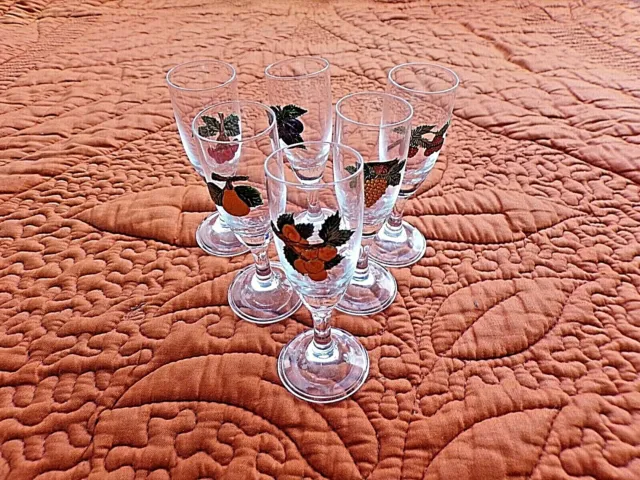 série de 6 anciens petits verres à pieds-grappes de fruits multicolores-vintage 2