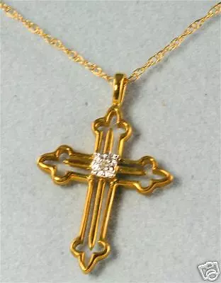 Brand New 10K Yellow Gold Tiny Diamond Cross Pendant