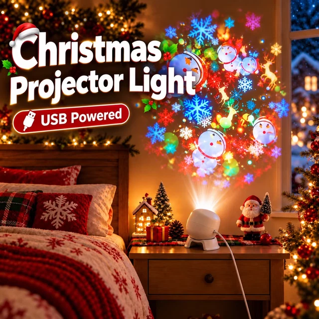 DYNAMIC ROTATING LED Christmas Projector Light Snowflake Santa USB ...