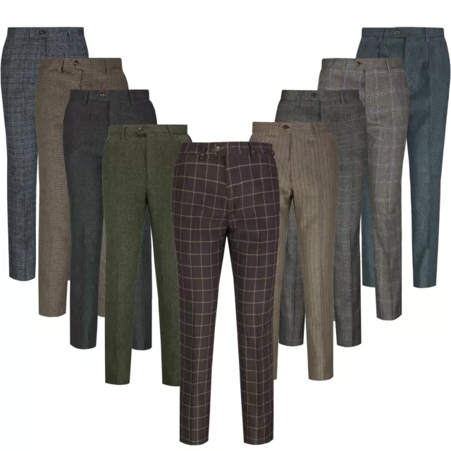 Mens Retro Vintage Herringbone Tweed Trousers Peaky Blinders Slim Fit Suit Pants