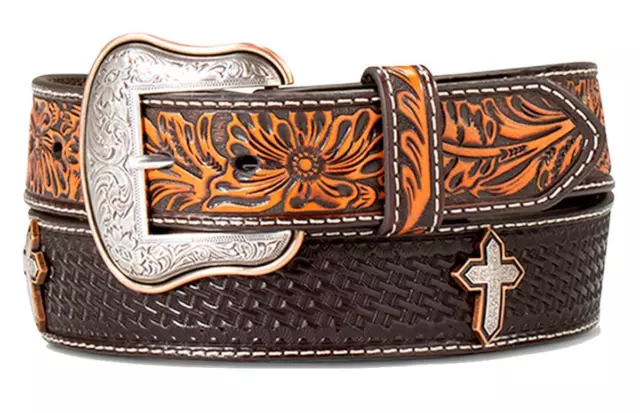 Ariat Western Mens Belt Leather Basketweave Floral Cross Conchos Brown A10412133
