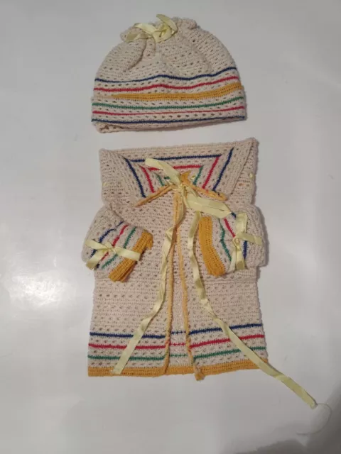 Vintage Hand Knit Cotton Baby Sweater and Hat BEAUTIFUL unisex