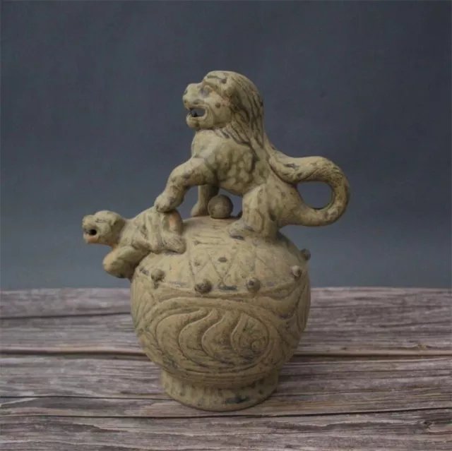 Chinese Song Yue Kiln Handcarved Lion Design Teapot 9.25-inch Ornament