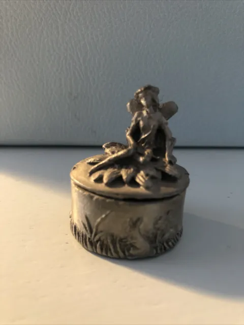 Vintage Trinket Box Pewter Miniature Collectible Tooth Fairy Rabbit Flower