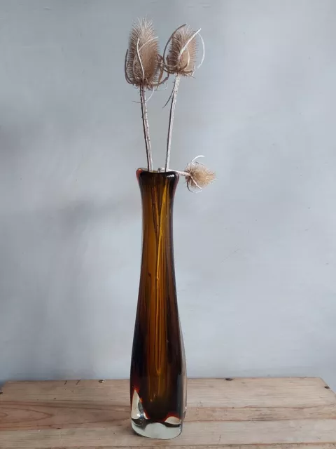 Vintage Mid Century Style Modern Amber Brown Tulip Stretch Glass Vase  Art Glass