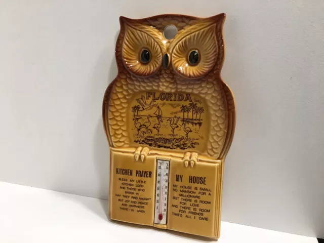 Vintage Owl Kitchen Prayer Spoon Rest Wall Plaque With Thermometer Made In Japan