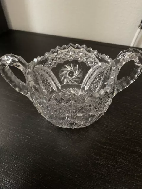 Vintage Cut Glass Pattern Glass Sawtooth Pinwheel Star Open Sugar Bowl 2 Handles