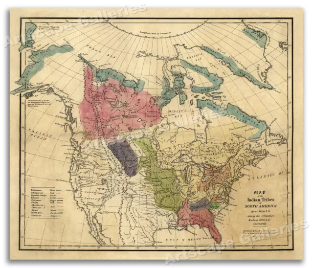 1836 Map of the Native American Indian Tribes Map c1600-1800 A.D. - 20x24