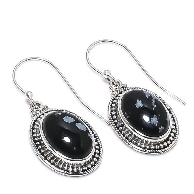 Snowflake Obsidian Gemstone 925 Solid Sterling Silver Jewelry Earring 1.25"