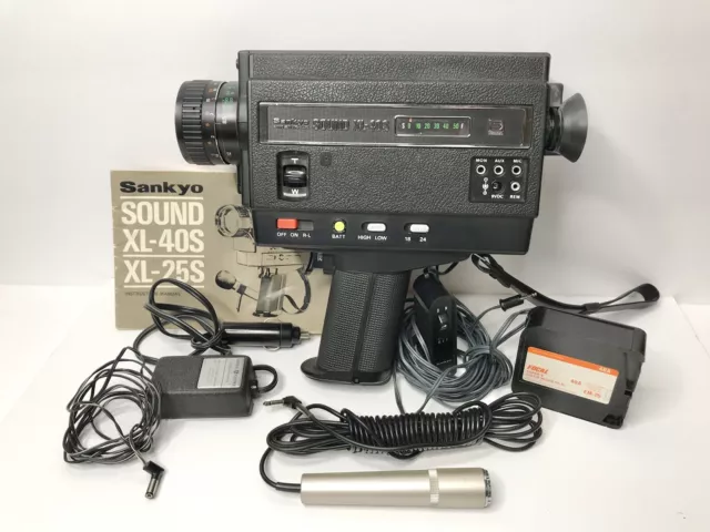 De colección Sanyo Super 8 Sound XL-40S con manual, micrófono remoto, adaptador de coche limpio