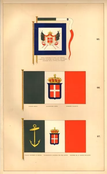 ITALIAN ROYAL FLAGS. Royal Standard/pennant.Ensign.Minister of Marine.Italy 1873