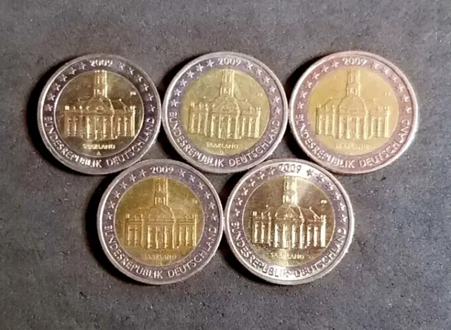 5x 2€ Euro-Gedenkmünzenset Saarland 2009 ADFGJ komplett alle Prägestätten
