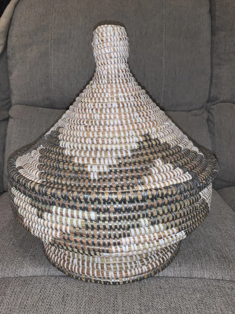 Senegal Hand Woven Basket Pot with Lid Recycled Multicoloured Storage 14” x 12”